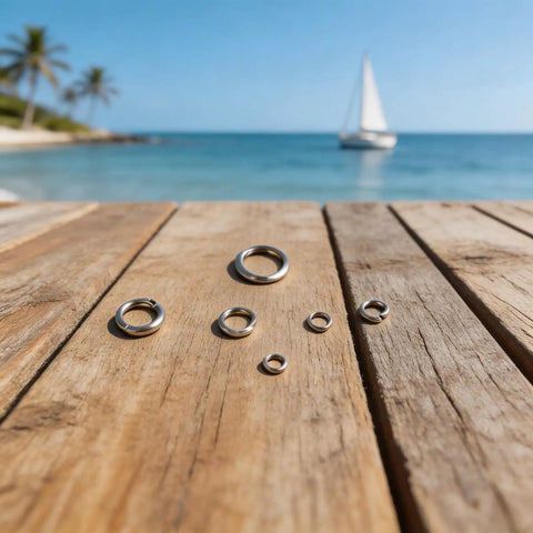 Open Spring Washer Set In 304 Stainless Steel For M2 Size Hardware, 480 Pieces For Machinery And Electronics, Anti Loosening Design, Rust Resistant Fasteners For Durable, Secure Assemblies And Easy Maintenance shown on wooden deck