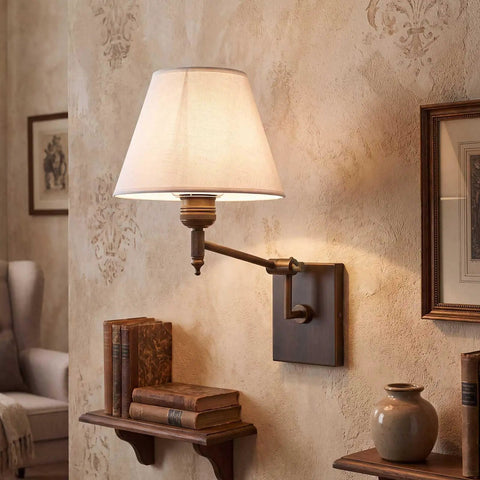 YS.ESUDSI Swing Arm Vintage Wall Sconces with White Fabric Shade Hardwired on textured wall with books and decor.
