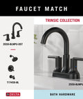 Black faucet and handles from Trinsic Collection displayed with installation codes, part of a bath hardware set.