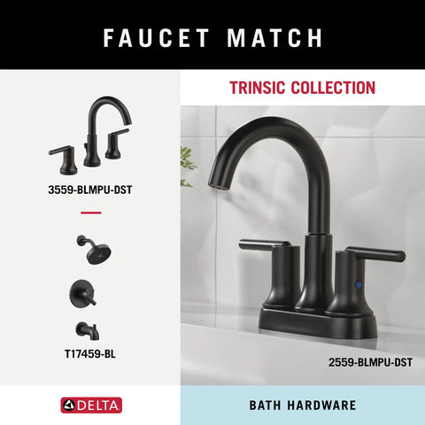 Black faucet and handles from Trinsic Collection displayed with installation codes, part of a bath hardware set.