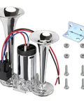 Badass 12 Volt Dual Trumpet Car Air Horn And Electric Train Horn Kit With Compressor, silver metal twin trumpets and compressor.