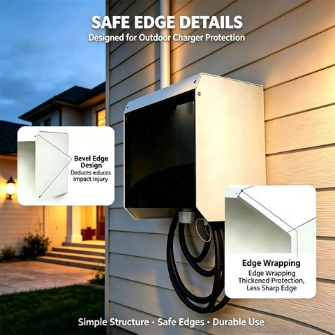 Built Different Outdoor EV Charger Enclosure showing safe edge details, bevel edge, and edge wrapping for protection.
