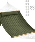 Double Quilted Fabric Hammock With Hardwood Spreader Bars And Pillow 450 Lbs Capacity Two Person Outdoor Patio Hammock For Backyard Poolside Green Built To Chill And Weather Resistant