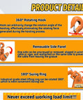Infographic of 4 Ton Snatch Block With Hook showing 360° rotating hook, removable side panel, and 180° swing ring features