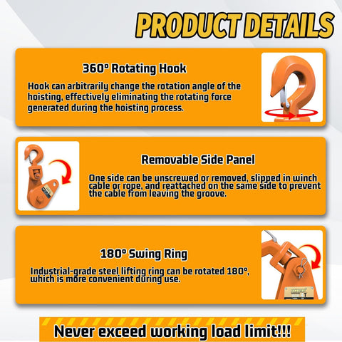 Infographic of 4 Ton Snatch Block With Hook showing 360° rotating hook, removable side panel, and 180° swing ring features