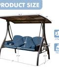 Three Seat Outdoor Patio Porch Swing With PVC Adjustable Hardtop 3 In 1 Convertible Chair For Adults Cushioned Seat Pillows And Cup Holders