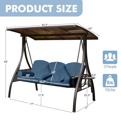 Three Seat Outdoor Patio Porch Swing With PVC Adjustable Hardtop 3 In 1 Convertible Chair For Adults Cushioned Seat Pillows And Cup Holders