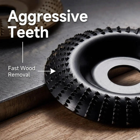 Beast Mode Wood Carving Disc Tools Set For Four And A Half Inch Angle Grinder With Hundreds Of Sharp Teeth Carbon Steel Construction For Rapid Wood Removal And Smooth Finishes Safer And More Durable Than Sanding Pads Polishing Pad Ready, close-up
