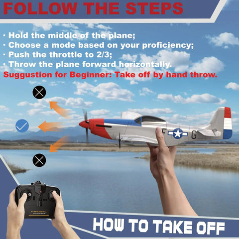 Noob Friendly RC Plane With P51 Style Fighter Look 2 4 GHz Remote Control being hand-launched with controller in foreground