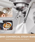OPV Espresso Machine With Milk Frother Steam Wand, 20 Bar Max Pressure, showing close-up of steam wand and frothing milk.
