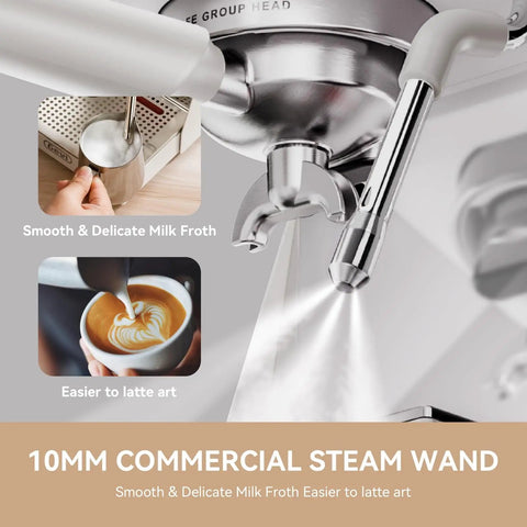 OPV Espresso Machine With Milk Frother Steam Wand, 20 Bar Max Pressure, showing close-up of steam wand and frothing milk.
