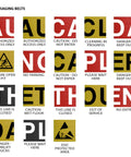 Various safety messages on belts include "Authorized Access Only" and "Danger Forklift Trucks" in bold letters.