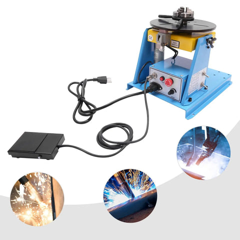 Rock Solid Welding Positioner Rotary Table For Pipe And Tank Jobs With Precision Three Jaw Chuck and heat resistant steel build, showcasing control panel and foot pedal.