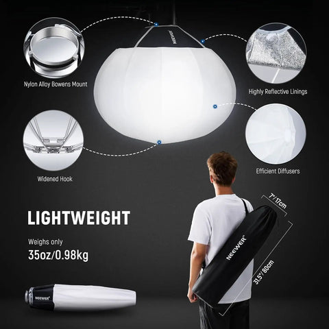 Basics Lantern Softbox 26 Inch Quick Release Diffuser with 360 Degree Omnidirectional Lighting, Bowens Mount details and folded view.
