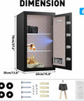 Open Built Tough Heavy Duty Home Safe Box With Digital Keypad And LCD Screen Key Lock Sensor Light Removable Shelf 13 Cu Ft Steel Security Safe showing interior dimensions and installation hardware.