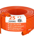 Heavy Duty 25 Foot Indoor Outdoor Extension Cord Waterproof 16 AWG 3 Conductor SJTW 3 Prong Grounded Power Cable Orange 13A 1625W ETL Listed