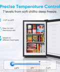 Compact 3.0 Cubic Foot Upright Freezer With Seven Adjustable Temperature Controls And A Sleek Silver Design full of organized food items.