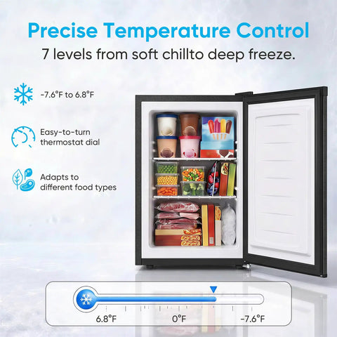 Compact 3.0 Cubic Foot Upright Freezer With Seven Adjustable Temperature Controls And A Sleek Silver Design full of organized food items.