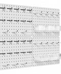 Game Changer Garage Wall Storage System With Four 12X16 Pegboard Panels Six Crystal Clear Bins And Thirty Six Heavy Duty Hooks, showing hooks and bins.