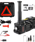 5 Ton Electric Floor Jack Kit With Inflator Pump And LED Light, includes case, wrench, cables, battery clamp, and gloves.