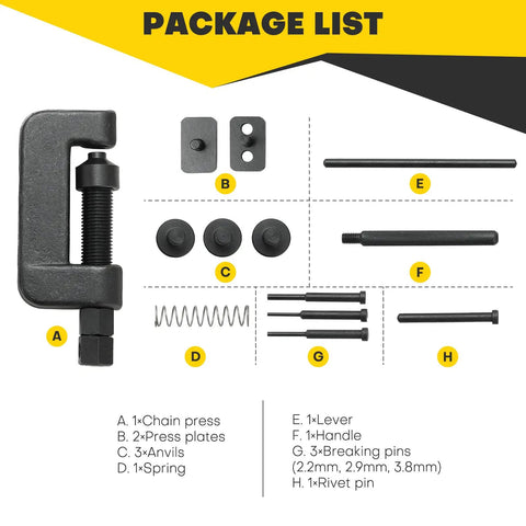 13 Piece Chain Breaker Tool Kit With Universal Chain Cutter And Riveter Set components laid out with labels
