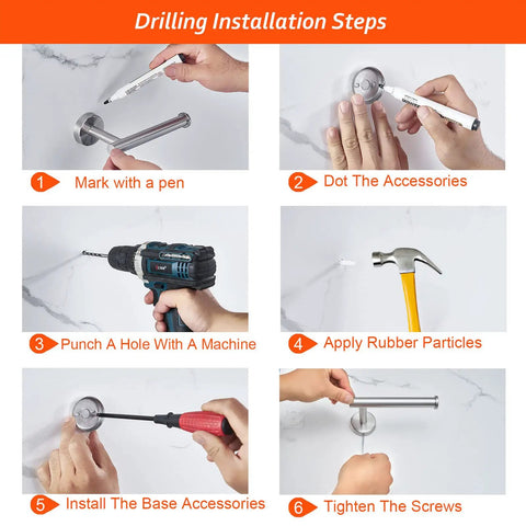 Installation steps for Four-Piece Brushed Nickel Bathroom Hardware Set with tools and steps 1 to 6 visualized.