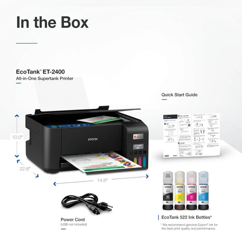 EcoTank ET 2400 Wireless Color All In One Cartridge Free Supertank Printer With Scan And Copy and included accessories