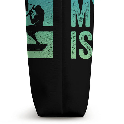 I Cant My Foil Is Calling Wing Foil Wingsurfing Tote Bag side view, silhouette design, black canvas-like material