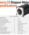 NEMA 23 stepper motor, front view; black housing with silver faceplate and exposed shaft