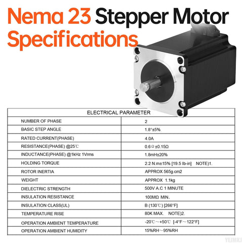 NEMA 23 stepper motor, front view; black housing with silver faceplate and exposed shaft