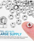 Heavy Duty Stainless Steel Hex Nuts Rock Solid Hardware Fasteners For Home Repairs And Industrial Projects Polished Steel Parts With Top Shelf Durability scattered with a finger for size reference.