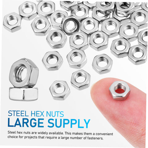 Heavy Duty Stainless Steel Hex Nuts Rock Solid Hardware Fasteners For Home Repairs And Industrial Projects Polished Steel Parts With Top Shelf Durability scattered with a finger for size reference.