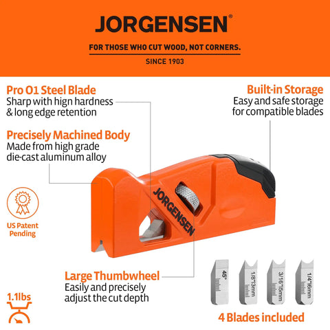 Shop Tough O1 Steel Chamfer Plane With Four Swappable Corner Edging Cutters For Buttery Smooth Wood Trimming And Top Shelf Detail Finishes Plus Dead Easy Built In Storage Keeps Your Garage Gear Tidy And Ready For Any Big Weekend Build with orange aluminum body and four blades.