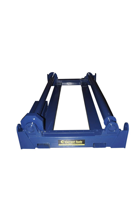 Heavy Duty Electric Cable Reel Roller With Adjustable Speed And Automated Foot Remote Operation For Handling Beefy 15 Ton Reels Universal Fit jobsite essential. Blue motorized trolley.