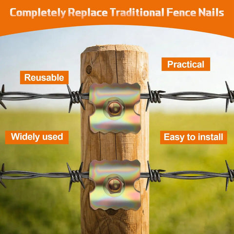 Heavy Duty Galvanized Fence Staples 200 Pack Rut Resistant Wire Nails For Mesh And Barbed Fencing Quick Setup With Electric Drill on wooden post with barbed wire.