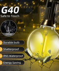 100Ft Solar String Lights Outdoor Waterproof G40 Shatterproof Bulbs showing shatterproof design and IP65 waterproof rating.