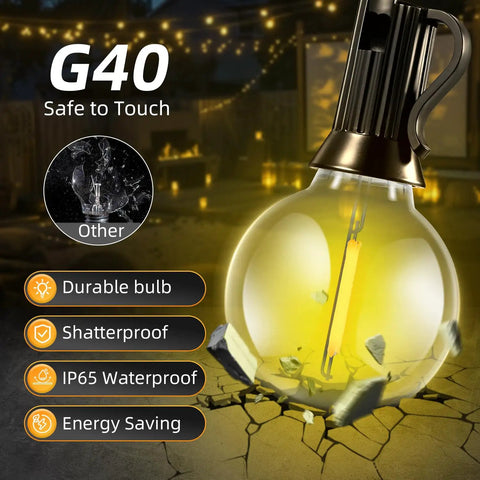 100Ft Solar String Lights Outdoor Waterproof G40 Shatterproof Bulbs showing shatterproof design and IP65 waterproof rating.