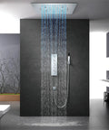 Premium Led Thermostatic Shower System Slick 60 Inch Rainfall Head With Waterfall Mist And Hand Spray tight stainless steel chrome setup.