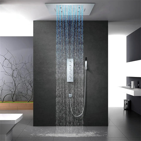 Premium Led Thermostatic Shower System Slick 60 Inch Rainfall Head With Waterfall Mist And Hand Spray tight stainless steel chrome setup.