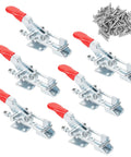 Solid Heavy Duty Toggle Latch Clamps 40323 6 Pack for Garage Shop showing six clamps with red handles and screws for woodworking.