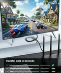 Cat 8 Ethernet Cable 10 Ft Black for Fast Home Network, 40Gbps Speed, connected to router and TV displaying high-speed racing game