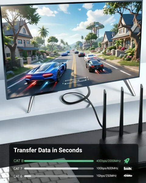 Cat 8 Ethernet Cable 10 Ft Black for Fast Home Network, 40Gbps Speed, connected to router and TV displaying high-speed racing game