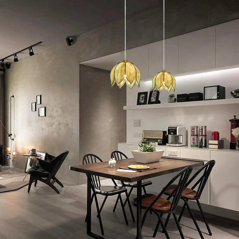 Brass Glass Tiffany Style Pendant Light With Vintage Lotus Flower Stained Glass Shade Hanging Chain Lamp in modern kitchen.