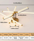 Modern LED Flush Mount Ceiling Light With Ten LED Tubes Rotatable Dope Gold Fixture showing dimensions and materials.