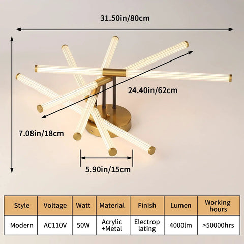 Modern LED Flush Mount Ceiling Light With Ten LED Tubes Rotatable Dope Gold Fixture showing dimensions and materials.