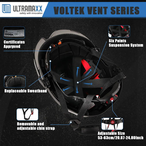Hard Hat With Built-In Visor And Vented Design, 4-In-1 Protection Set, ANSI Z89.1 Certified, interior view with straps and suspension.