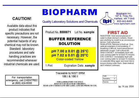 PH 4.00 And 7.00 Calibration Buffer Two Pack 500 mL Each Color Coded Lab Buffers With Lot Numbers Expiration Dates And Certificate Of Analysis For Pharma Pros And Lab Research Across Industry, pH 7.00 label