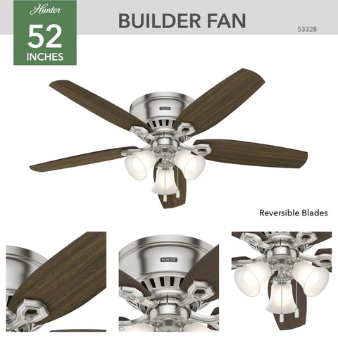 52 Inch Indoor Ceiling Fan With LED Lights For Cozy Bedroom Living Room Or Kitchen Low Profile Flush Mount No Remote Five Blades Brushed Nickel Finish Pull Chain Easy Setup And Bright Energy Efficient Lighting showing reversible blades