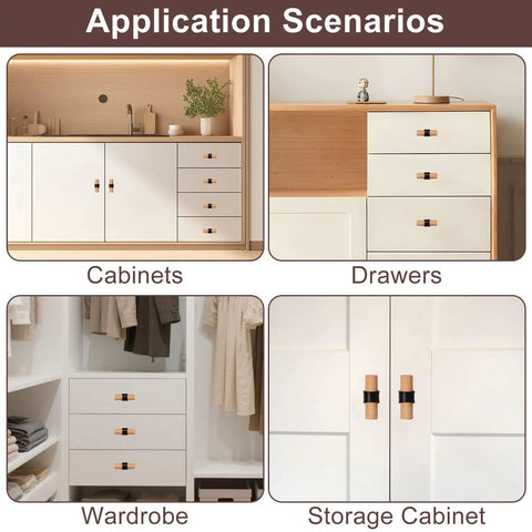 Six Pack Natural Beech Wood Drawer Knobs With Black Base T Bar Cabinet Pulls For Wardrobes And Dressers shown on cabinets and drawers