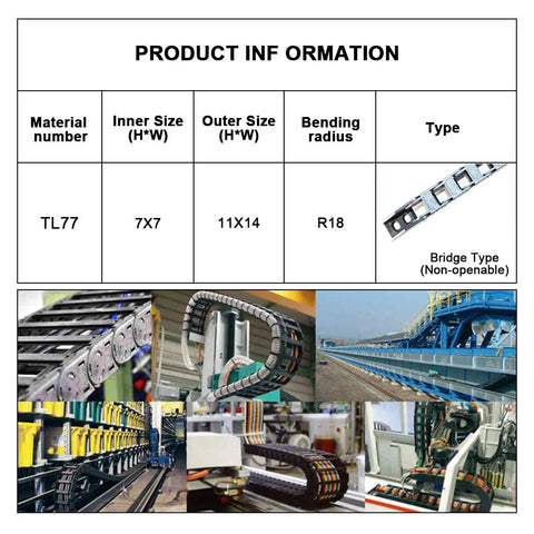 R18 7mm X 7mm Inner Size Black Plastic Cable Drag Chain Bridge Type With End Connectors 1 Meter Length For CNC Machines chart